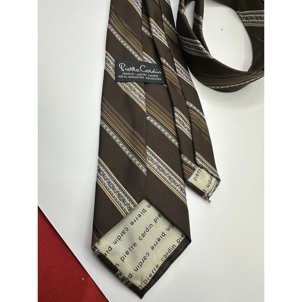 Vintage Pierre Cardin Tie 70s Brown Striped Polyester Paris New York Mod MCM